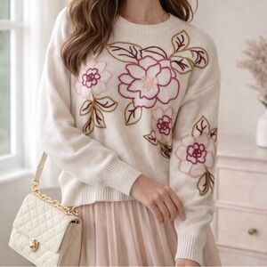 Joie Cream Crewneck Cashmere Sweater with Pink Floral Embroidery